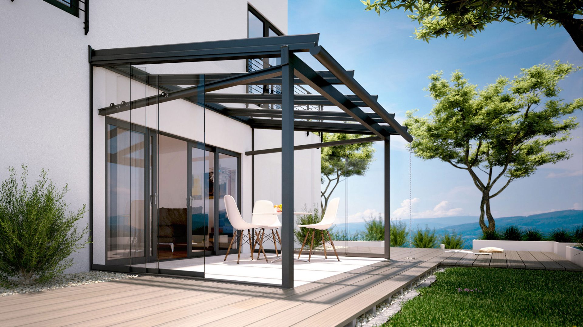 3D-Produktfoto exterior/Rendering einer Terrasse mit Terrassenüberdachung und Glas-Schiebetür von Solarlux